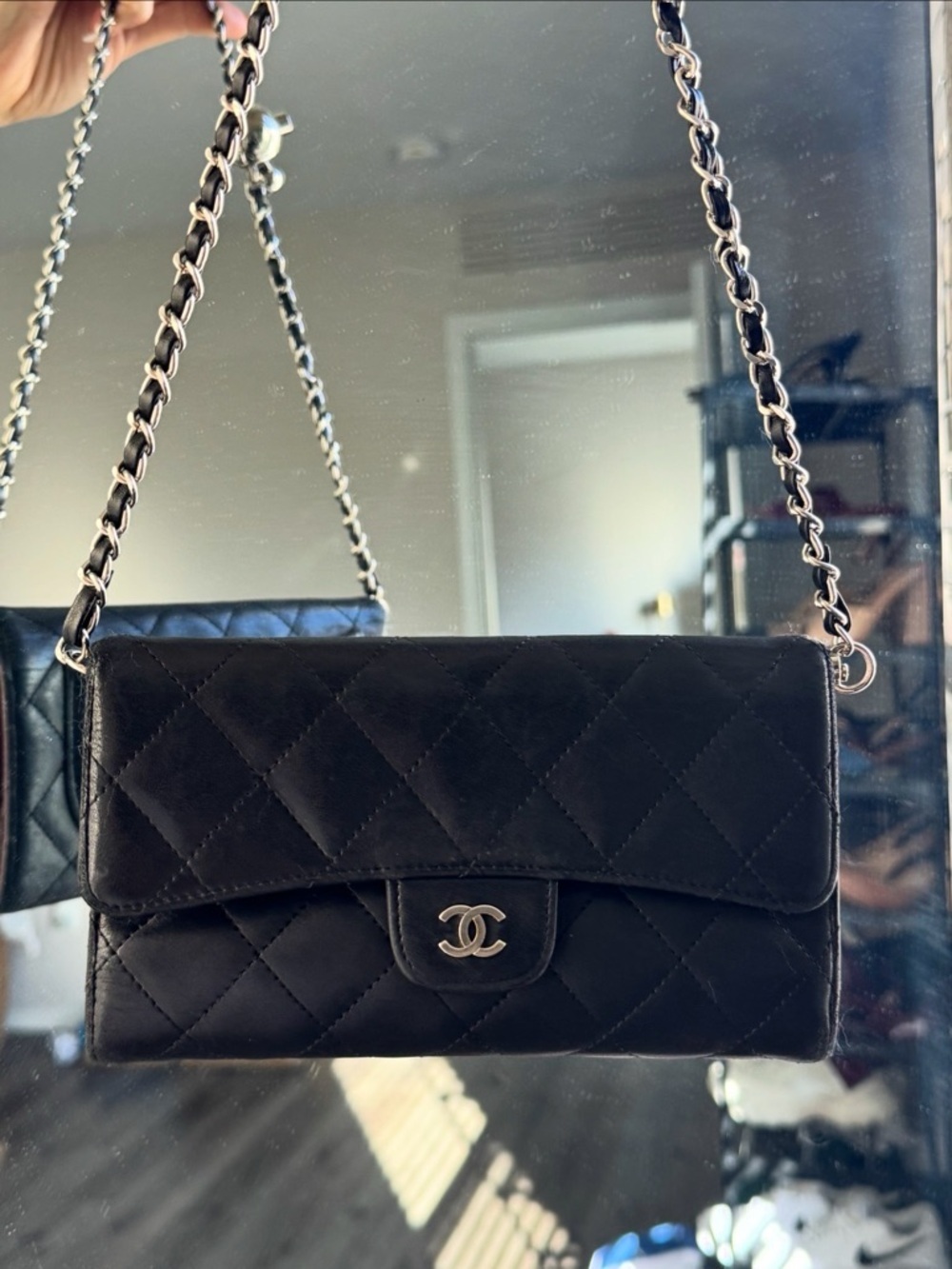 CHANEL Black Quilted Leather Chain Wallet Shoulder Bag with Silver Hardware